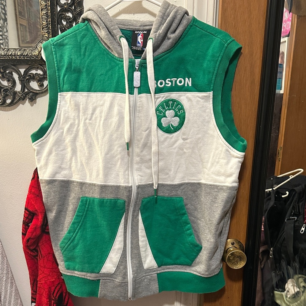 NBA Boston Celtics Sleeveless Zip-Up Hoodie Vest Green White Gray